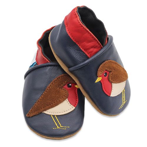 Robin motif soft leather baby shoes for boys and girls from Dotty Fish 