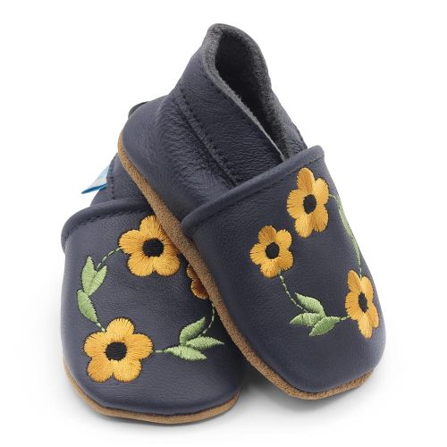 Navy blue girls shoes for babies and toddlers with flower motif