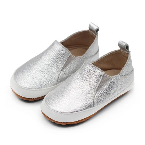 Slip-on leather baby and toddler first walking shoes by Dotty Fish - Silver Stomp