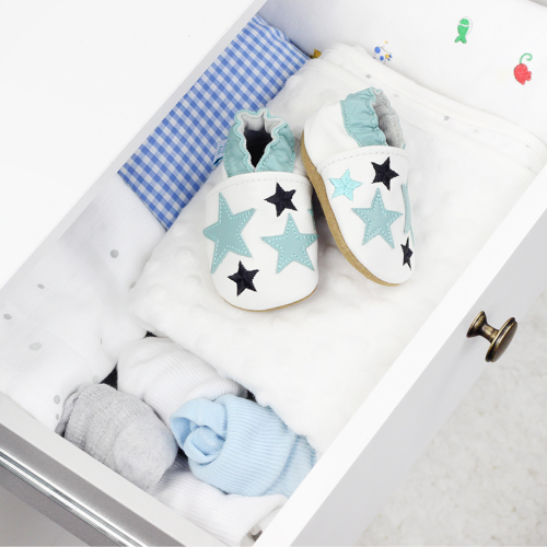 drawer with baby clothes and Dotty Fish Blue Twinkle Star soft leather baby shoes 