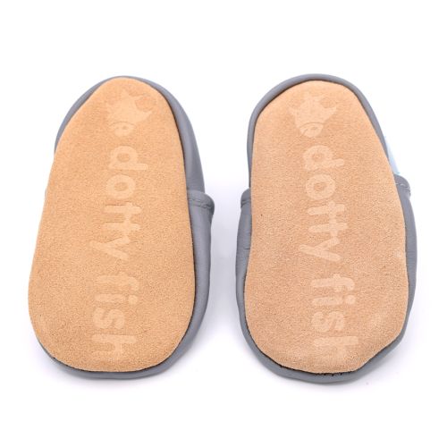Dotty Fish Grey soft leather baby shoes with non-slip suede soles
