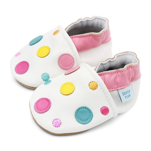 White leather baby shoes with colourful spotty design for babies and toddlers