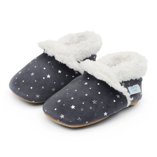 Dark grey and silver stars suede Dotty Fish soft sole slippers with cosy fleece lining.