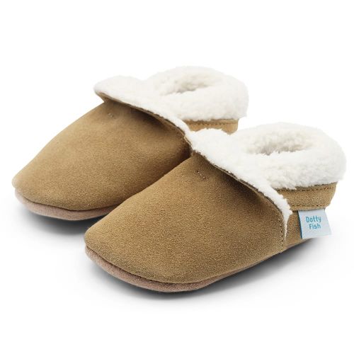 Warm tan suede slippers with fleece lining for babies and toddlers by Dotty Fish 