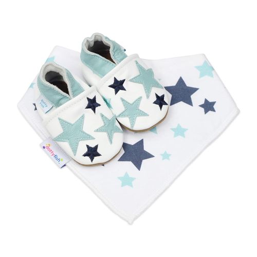 Dotty Fish white leather baby shoes with blue stars and matching cotton blue star bandana bib - baby boy's gift set