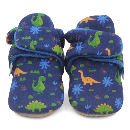 Marineblaue Dotty Fish Babyschuhe mit weicher Sohle aus Baumwolle, blauem Fleecefutter und buntem Dinosauriermuster.