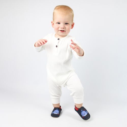First steps while wearing Dotty Fish Splashy the Whale soft leather baby shoes from Dotty Fish 