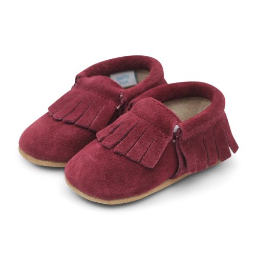 fringed baby moccasins in berry red suede by Dotty Fish 