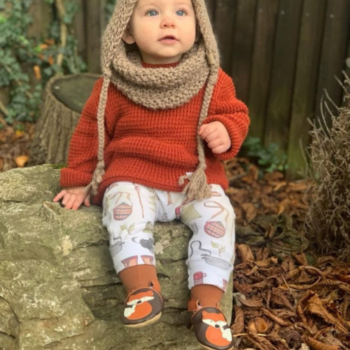 Baby wearing Dotty Fish Freddie Fox soft leather baby shoes while sitting outside in autumn leaves