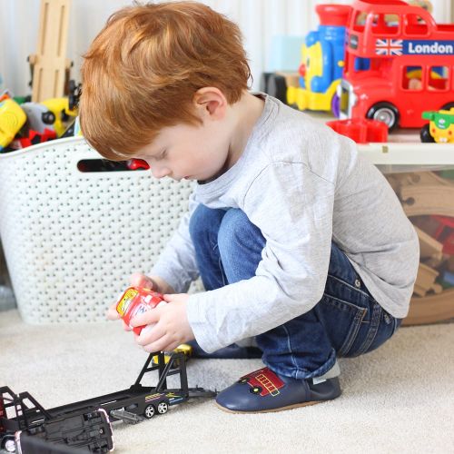 Toddler wearing Dotty Fish Red Fire Engine soft sole leather shoes