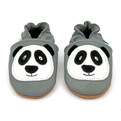 Grey soft leather baby shoes with panda design from Dotty Fish