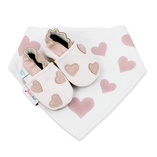 Queen of Hearts pink and white soft leather baby shoes from Dotty Fish with matching pink heart baby bib - baby girl's gift set