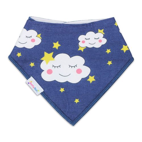 Dotty Fish Lätzchen für Babys und Kleinkinder aus dunkelblauer Baumwolle mit weißen Wolken und gelben Sternen.