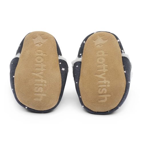 Non-slip suede soles on grey suede slippers with little silver star design 