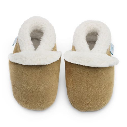 Dotty Fish Tan Suede Slippers for babies, toddlers and young children