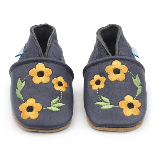 Navy blue baby girls shoes with pretty yellow flower design from Dotty Fish 