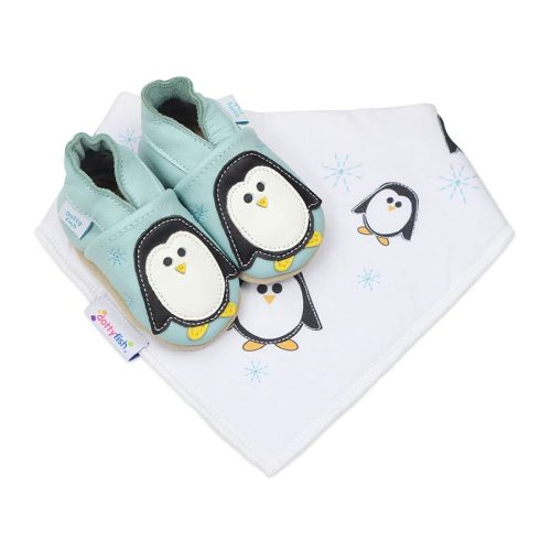 Percy Penguin soft leather baby shoes with matching penguin cotton baby bib from Dotty Fish 
