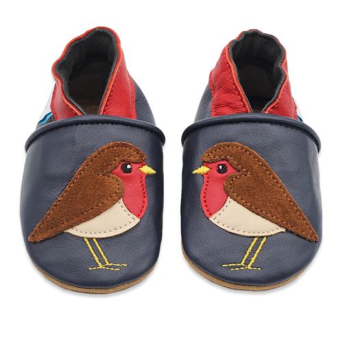 Navy blue baby shoes with red robin motif from Dotty Fish 
