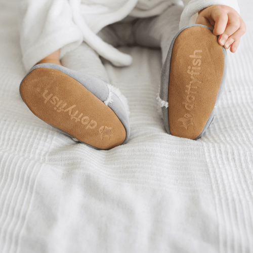 Pale grey suede slippers for babies and toddlers with non-slip suede soles for winter