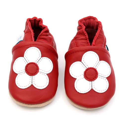 Dotty Fish Ruby Red soft leather baby and toddler shoes with white flower design