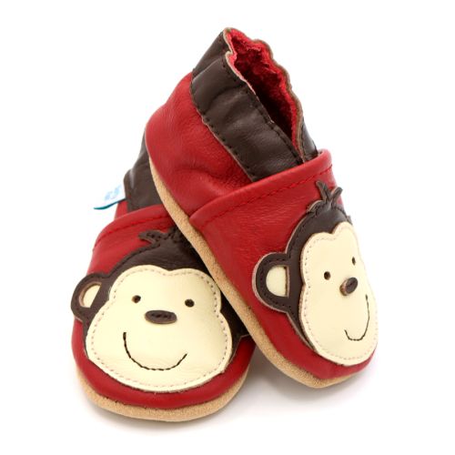 Red leather baby and toddler shoes with cheeky monkey design by Dotty Fish 