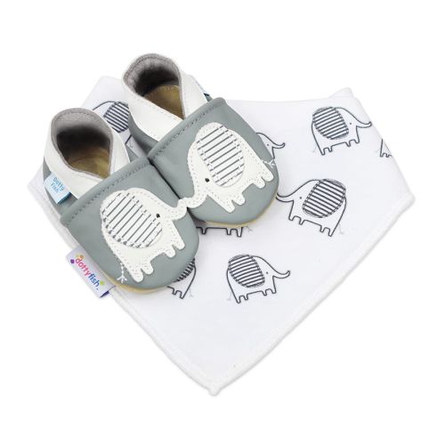Dotty Fish Nya the Elephant grey leather baby and toddler shoes with matching cotton bib