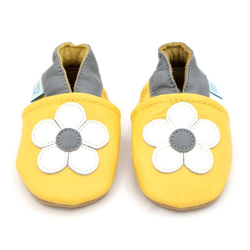 Yellow Daisy soft leather baby shoes with white and grey flower design from Dotty Fish 