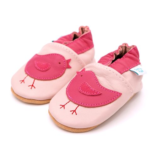Pink soft leather baby shoes with pretty bird design for little girls from Dotty Fish 