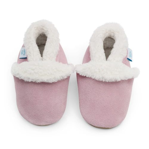 Pink suede slippers with warm fleece lining for babies, toddlers and young children by Dotty Fish 