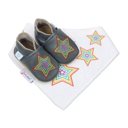 Grey Rainbow Star soft leather baby shoes with matching colourful star baby bib by Dotty Fish 