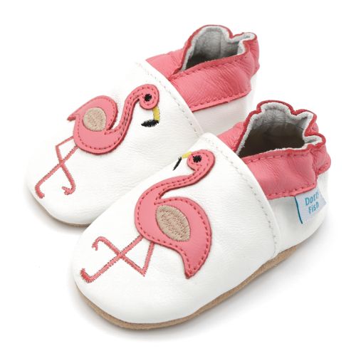 White leather baby shoes with pink flamingo design - Dotty Fish 