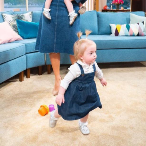 Triplets running around while wearing Dotty Fish Silver T-bar girls shoes on This Morning TV show