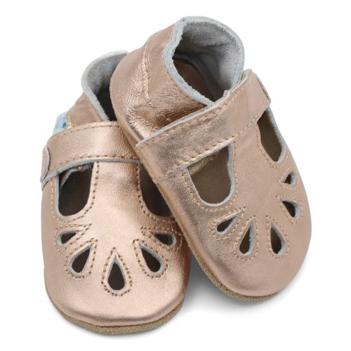 Classic style soft leather baby shoes for girls in rose gold leather from Dotty Fish 