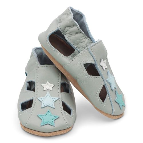 Dotty Fish baby sandals in grey leather with blue star design 