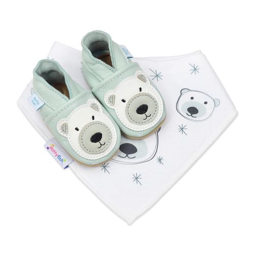 Dotty Fish mint green baby shoes with polar bear design and matching cotton baby bib
