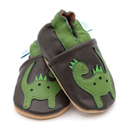 Green dinosaur on brown leather baby and toddler shoes from Dotty Fish 
