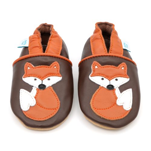 Braune Lederschuhe Dotty Fish mit weicher Sohle für Babys und Kleinkinder, mit orangefarbenem Knöchelrand und orange-weißem Fuchsdesign.