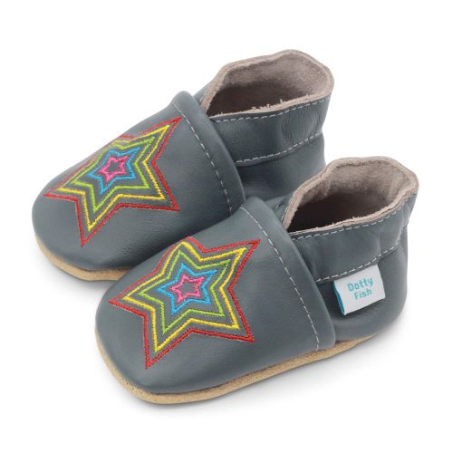 Dotty Fish soft grey leather baby shoes - Rainbow Star motif 
