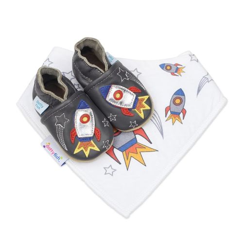 Dotty Fish Blast Off space rocket soft leather baby shoes with matching cotton baby bib