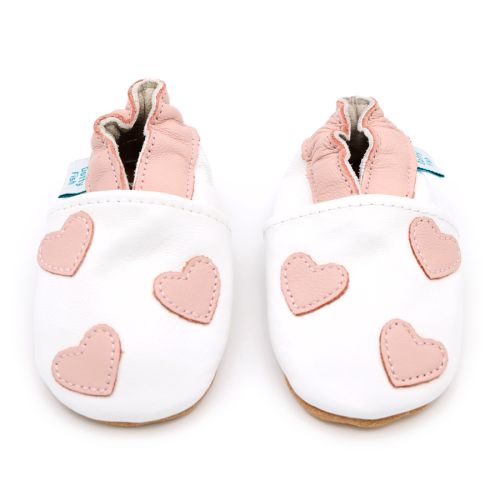 White soft leather baby shoes with pretty pink heart design from Dotty Fish 