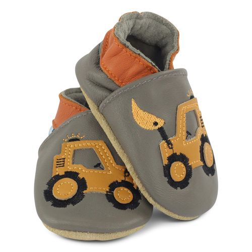 Diggers Delight soft leather baby shoes from Dotty Fish front view