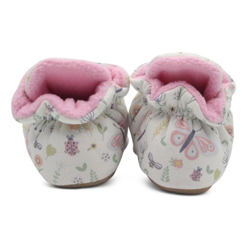 Cream cotton Dotty Fish baby soft sole booties with butterfly and bee pattern and warm light pink fleece lining.