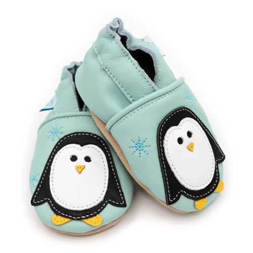 Light blue baby shoes with penguin theme from Dotty Fish