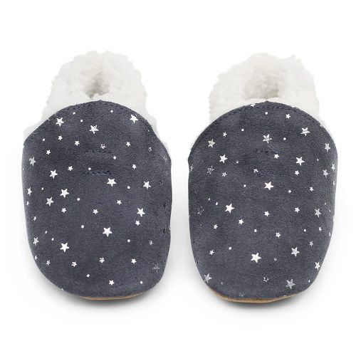 Dark grey suede Dotty Fish children’s soft sole slippers with silver stars and warm fleece lining.