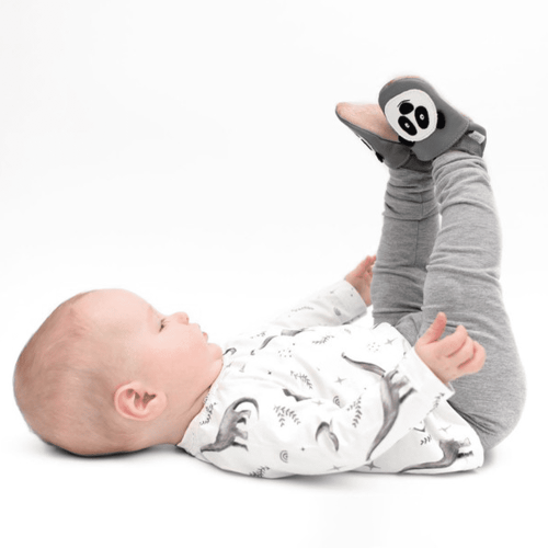 Baby looking at their feet while wearing Pitter Patter Panda soft leather baby shoes from Dotty Fish 