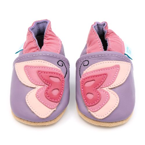 Dotty Fish pink and purple leather baby shoes with butterfly design