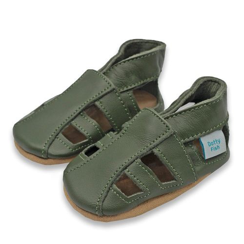 Khaki green leather baby sandals with non-slip suede soles for babies and toddlers from Dotty Fish
