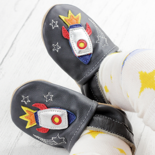 Baby wearing space rocket motif grey leather baby shoes from Dotty Fish 