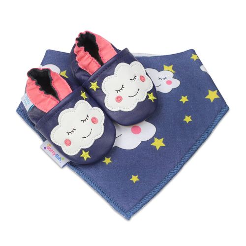 Sweet Dreams Cloud soft leather baby shoes from Dotty Fish with matching sweet dreams baby bib - baby girl's gift set