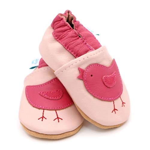 Soft sole baby shoes for little girls in pink leather with bird design